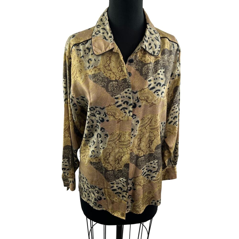 ANNA AND FRANK Beige Silk Mixed Leopard Print Button Down Blouse Size S VINTAGE